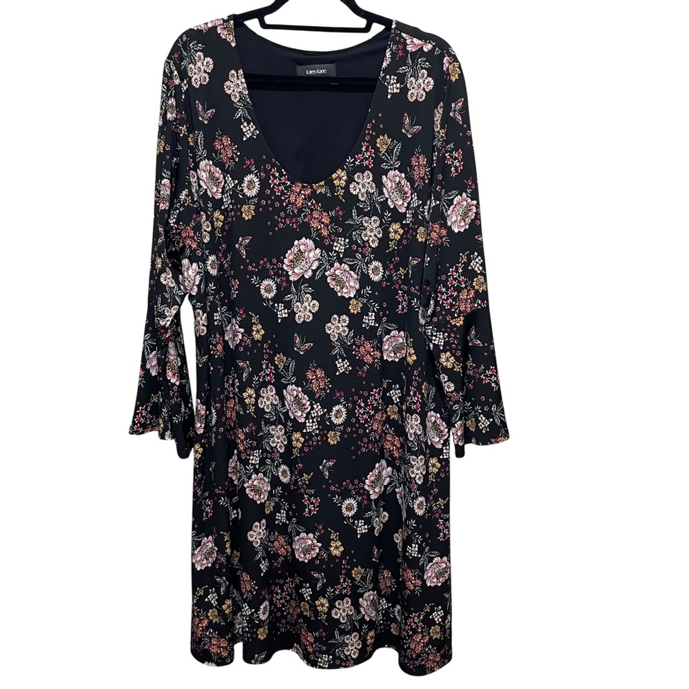 Karen Kane Floral Bell Sleeve Swing Dress Black Multicolor Women’s Plus Size 3X